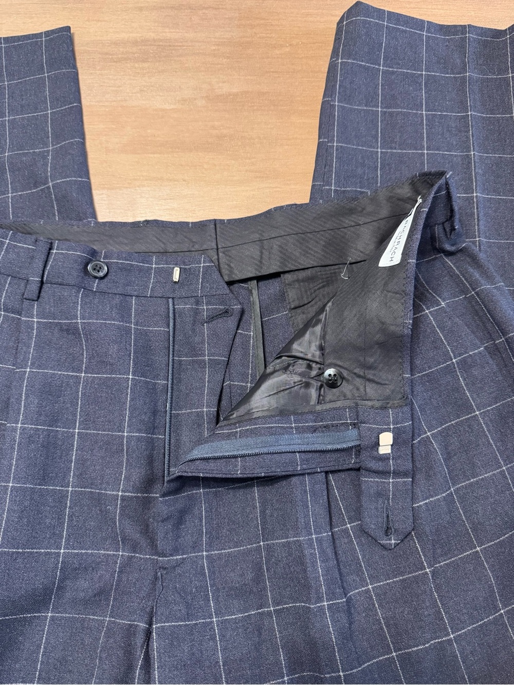 Bachrach Mens 35W 31L Wool Windowpane Pleated Dress Pants Navy Made in Italy - Picture 3 of 7